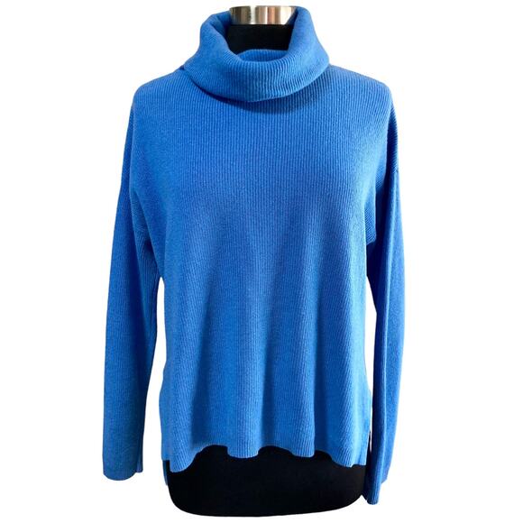 Lou & Grey Blue 100% Cashmere Turtleneck Sweater High Low Hemline Size Small - Picture 1 of 6